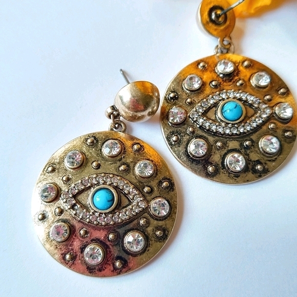 Evil Eye Crystal Vintage Gold Dangle Earrings - Picture 7 of 7